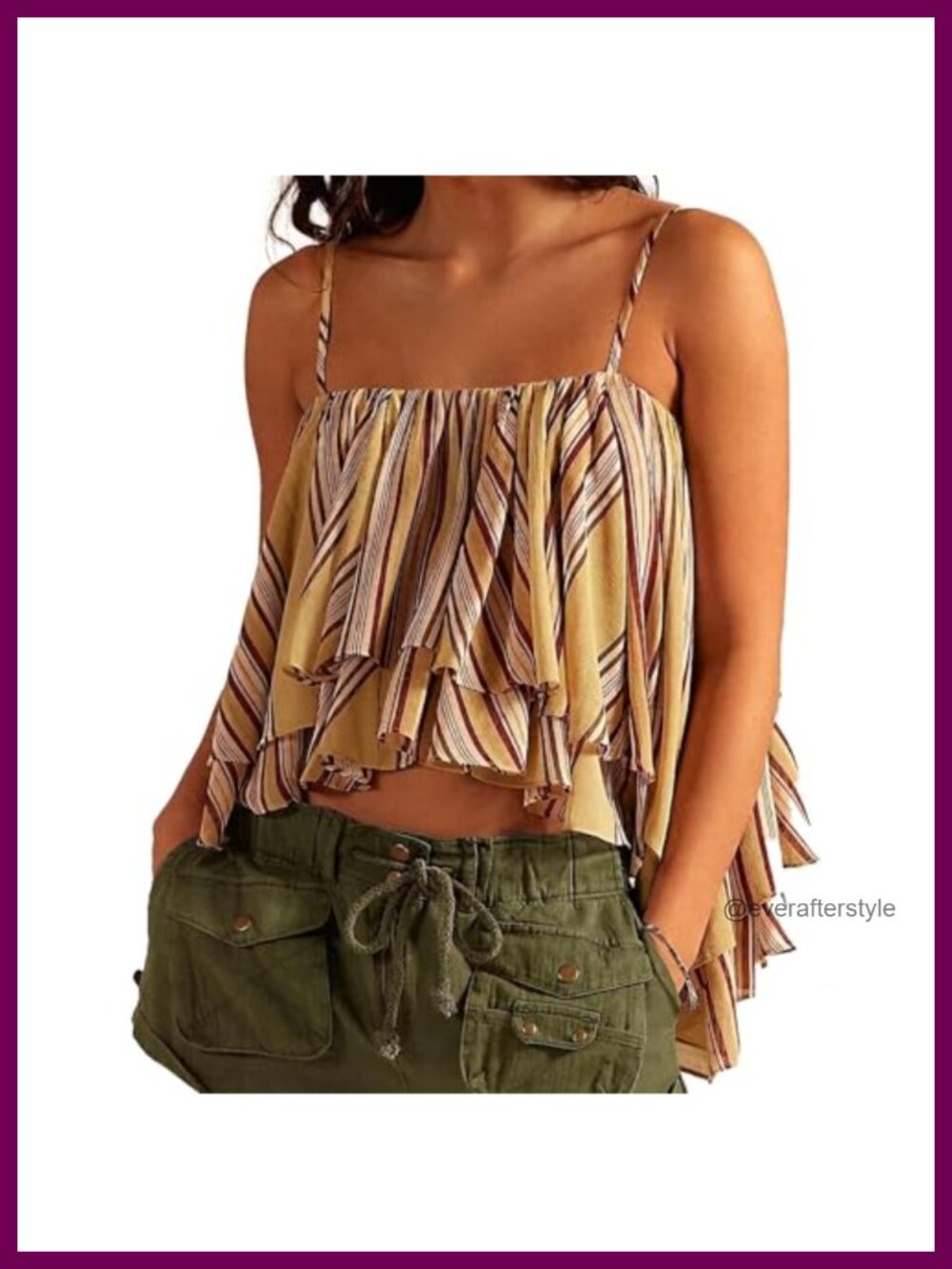 Boho Striped Ruffled Cami Top Layered Spaghetti Strap Babydoll Tank Sleeveless